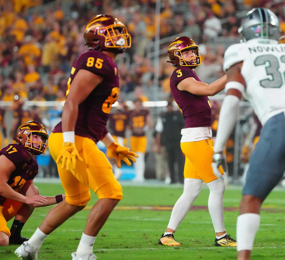 September 17, 2022; Tempe, Arizona; USA; ASU kicker Carter Brown (3) makes an extra point against Eastern Michigan during a game at Sun Devil Stadium. Football Asu Fb
